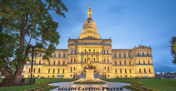 Lansing, Michigan, USA at the Michigan State Capitol during a wet evening.